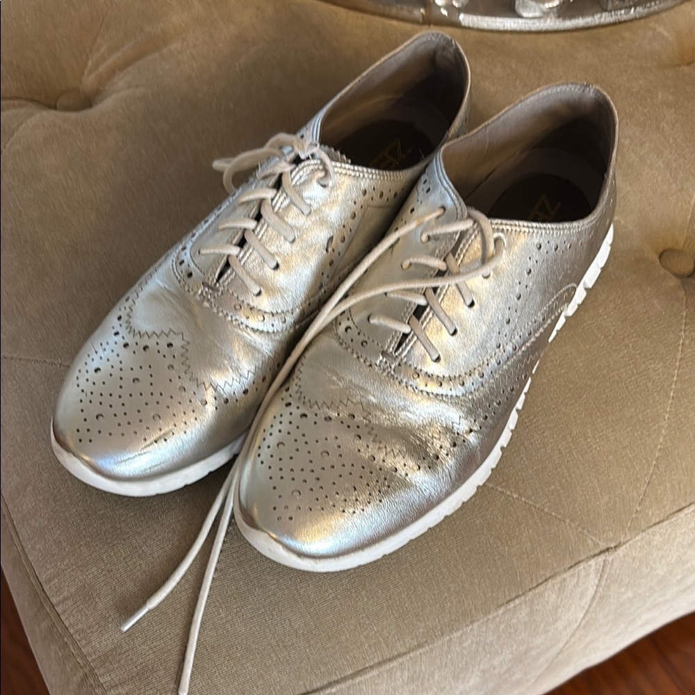 Cole Haan Silver Metallic Sneakers with Brogue Detailing